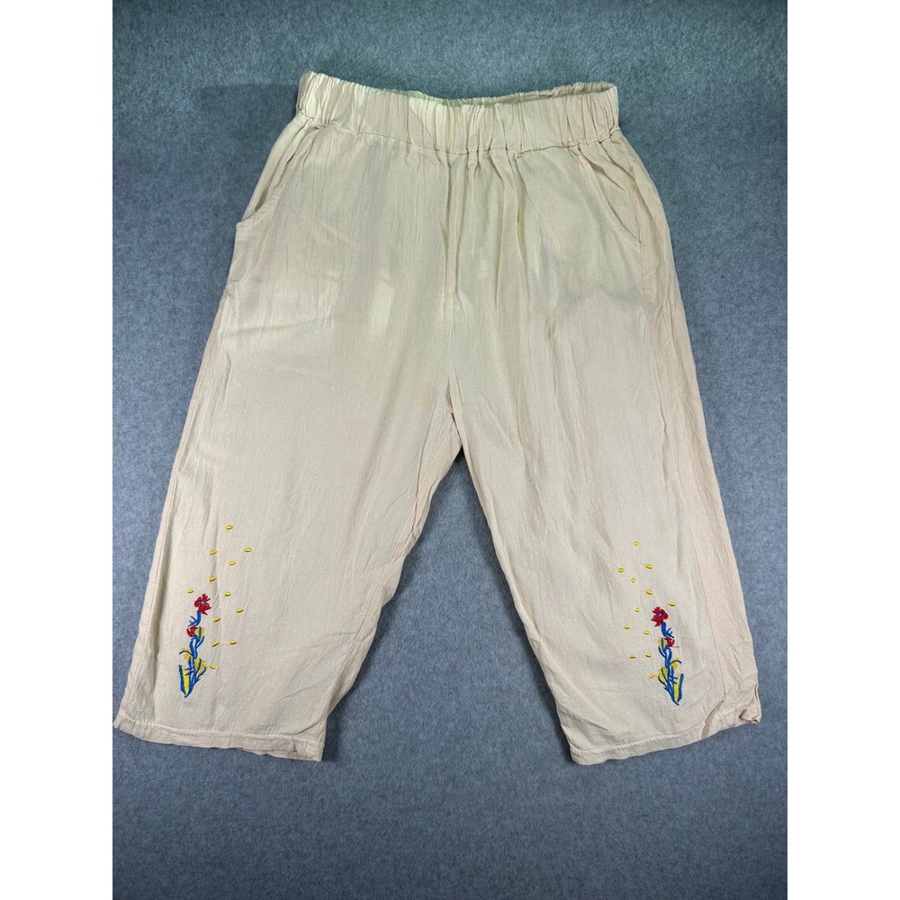 Womens Cream Floral Embroidered Cropped Pants Elastic Waist Pockets Size L